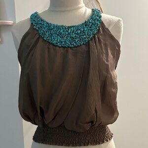 bebe Brown Tank Top with Turquoise Beaded Neckline